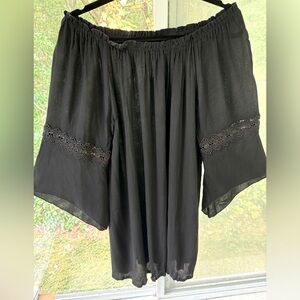 NWT Black off the shoulder lace elbows and bell sleeves. Ruched neck to shoulder